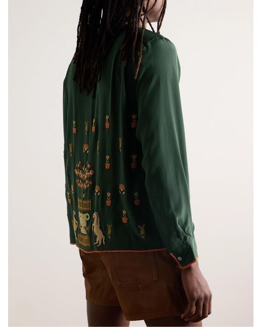 Camicia in crêpe di seta con perline Paddock di Bode in Green da Uomo