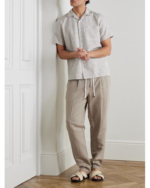 Canali Gray Camp-Collar Printed Linen And Cotton-Blend Shirt for men