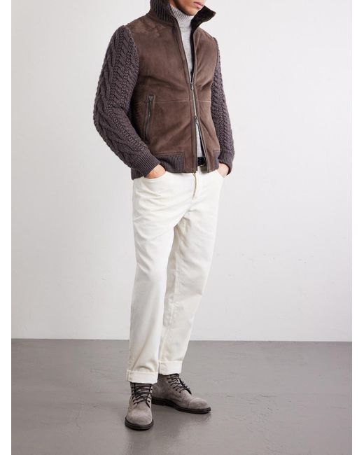 Brunello Cucinelli Brown Shearling And Cable-knit Cashmere Jacket for men