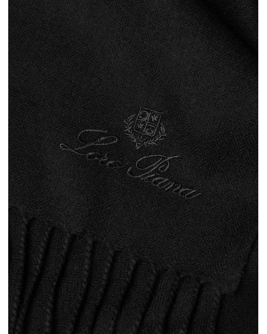 Loro Piana Black Logo-Embroidered Fringed Herringbone Cashmere Scarf for men