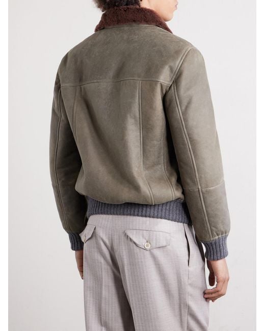 Brunello Cucinelli Brown Shearling Bomber Jacket for men