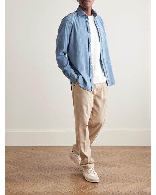 Eleventy Blue Slim-Fit Cotton-Chambray Shirt for men