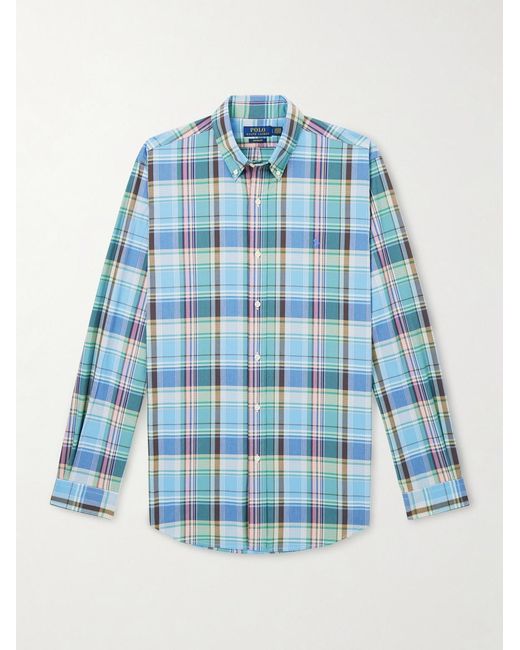 Polo Ralph Lauren Blue Button-Down Collar Logo-Embroidered Checked Cotton Shirt for men