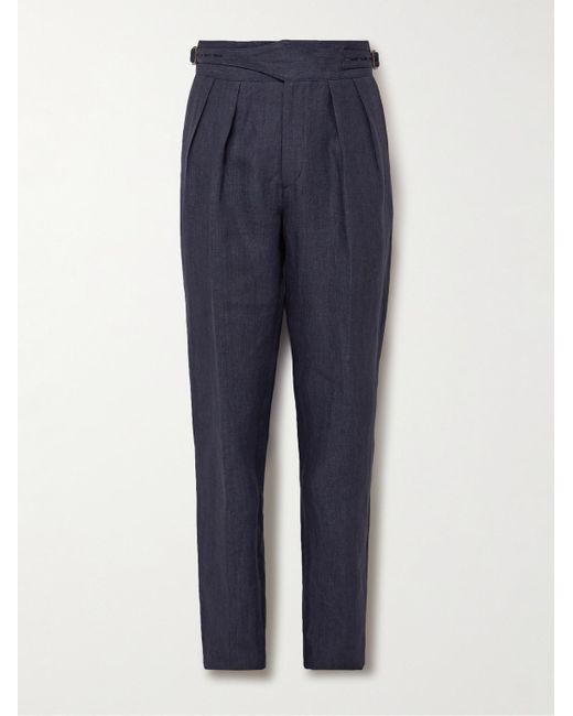 Rubinacci Blue Manny Tapered Pleated Linen Trousers for men
