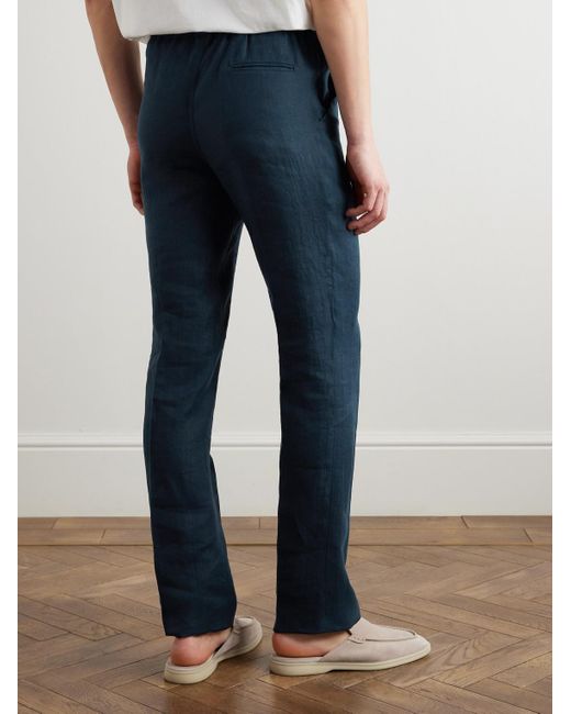 Kiton Blue Slim-Fit Straight-Leg Linen Drawstring Trousers for men