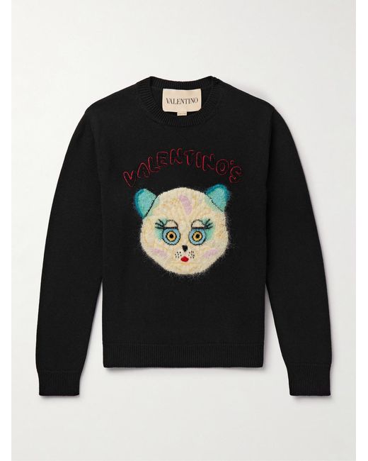 Valentino Garavani Black Logo-Appliquéd Intarsia-Knit Cotton And Virgin Wool-Blend Sweater for men