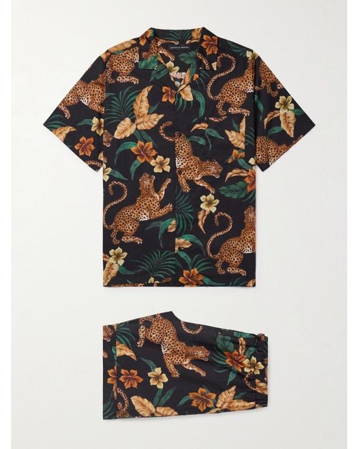 Desmond & Dempsey Black Soleia Camp-collar Printed Cotton-poplin Pyjama Set for men