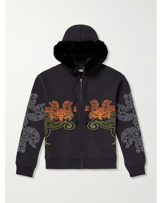 Acne Blue Faux Fur-Trimmed Embroidered Cotton-Jersey Hoodie for men