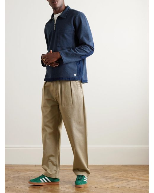Folk Signal Sweatshirt aus Baumwoll-Jersey mit Chambray-Besatz und kurzem Reißverschluss in Blue für Herren