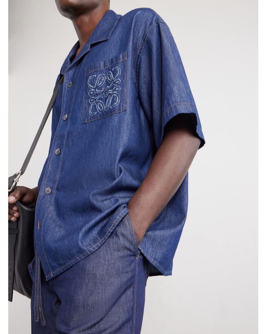 Loewe Blue Camp-Collar Anagram-Detail Denim Shirt for men
