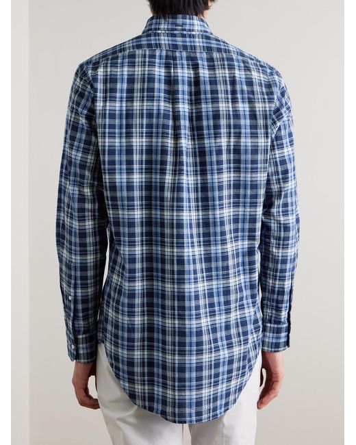 Sid Mashburn Blue Button-Down Collar Checked Cotton-Madras Shirt for men