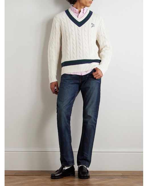 Polo Ralph Lauren White Striped Cable-Knit Cotton, Cashmere And Hemp-Blend Sweater for men