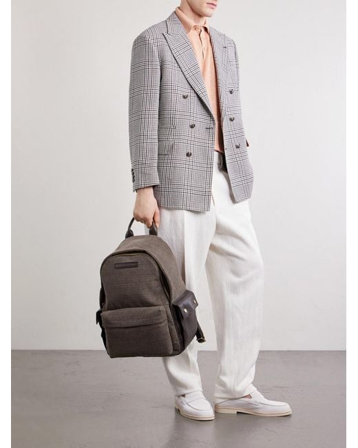 Brunello Cucinelli Brown Leather-Trimmed Woven Backpack for men