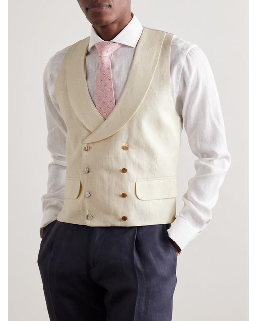 Favourbrook Randwick schmal geschnittene doppelreihige Weste aus einer Leinen-Seidenmischung mit Fischgratmuster und Satin in Natural für Herren