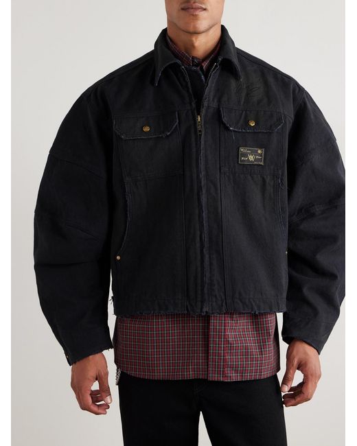 Willy Chavarria Blue Stockton Cropped Logo-Detailed Distressed Denim Jacket for men