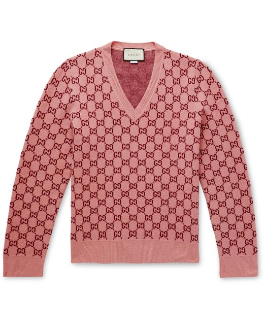 Gucci Pink GG Monogram Felted-wool Blend V-neck Sweater for men