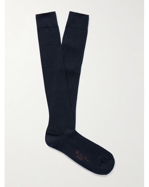 Loro Piana Blue Sottile Ribbed Wool, Cashmere And Silk-blend Socks for men