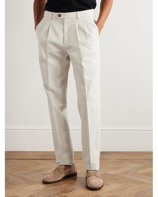 Brunello Cucinelli White Straight-leg Pleated Cotton Trousers for men