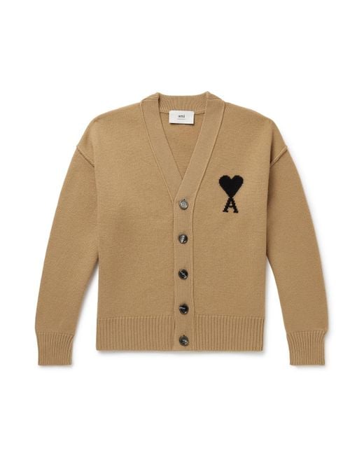 AMI Natural Logo-Intarsia Virgin Wool Cardigan for men