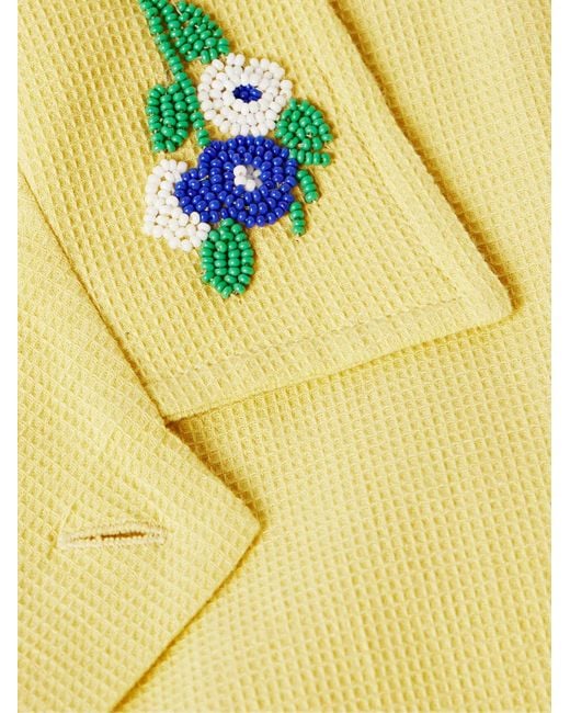Camicia in cotone punto waffle con colletto aperto e perline Chicory di Bode in Yellow da Uomo