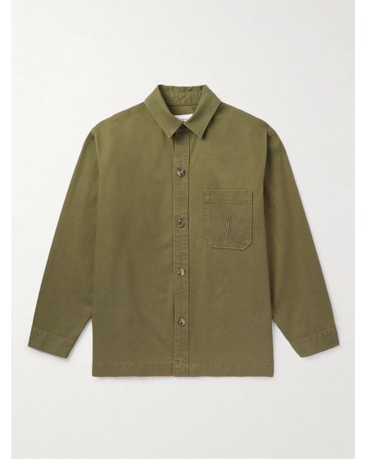 Saint Laurent Green Logo-embroidered Cotton And Linen-blend Gabardine Overshirt for men