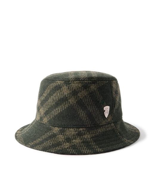 Burberry Green Logo-Appliquéd Checked Brushed-Wool Bucket Hat for men