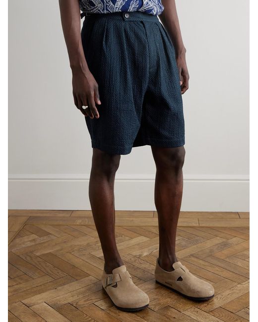 Blue Blue Japan Blue Gurkha Straight-Leg Belted Pleated Lace-Trimmed Cotton Shorts for men
