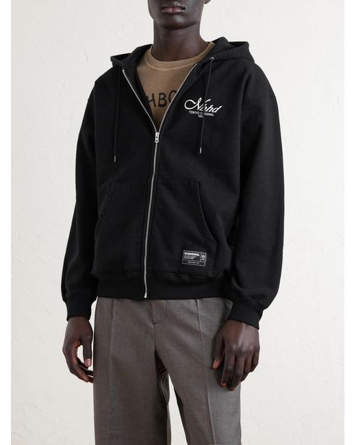 Neighborhood Black Staple Logo-Print Cotton-Fleece Zip-Up Hoodie for men