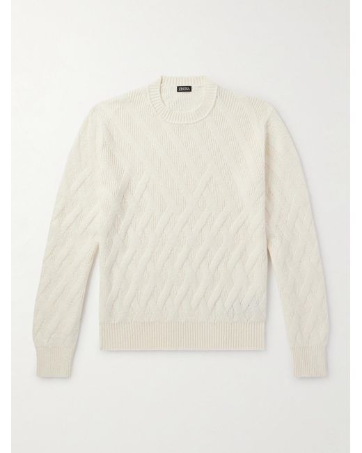 Zegna White Logo-Appliquéd Leather-Trimmed Basketweave Cotton Sweater for men