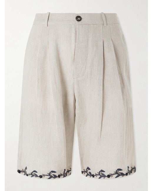 Kartik Research White Straight-leg Pleated Embroidered Linen Shorts for men