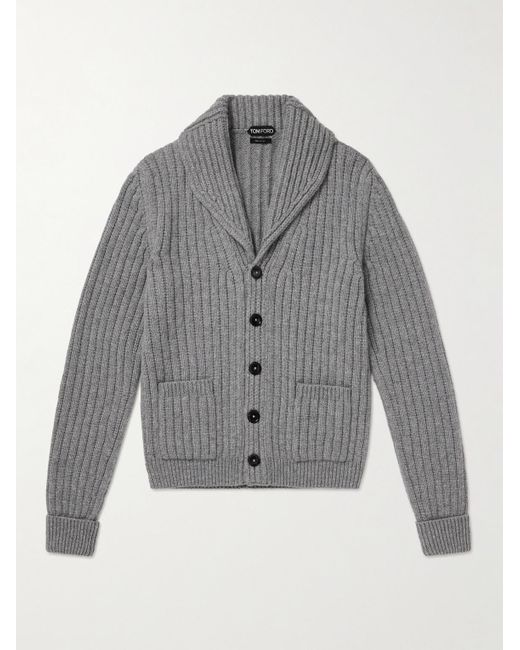 Tom Ford Gray Shawl-collar Ribbed Wool And Cashmere-blend Cardigan for men