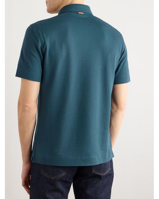 Zegna Blue Slim-Fit Leather-Trimmed Cotton-Piqué Polo Shirt for men