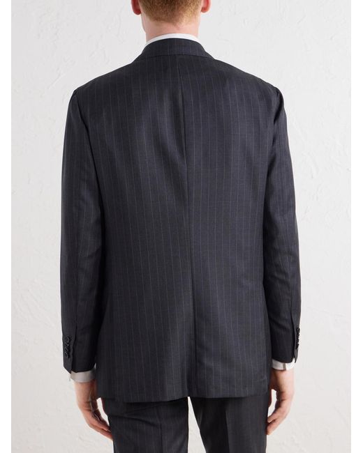 Kiton Blue Double-Breasted Pinstriped Wool Suit Jacket for men
