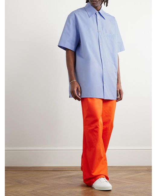 Camicia in popeline di cotone con logo ricamato di Gucci in Blue da Uomo