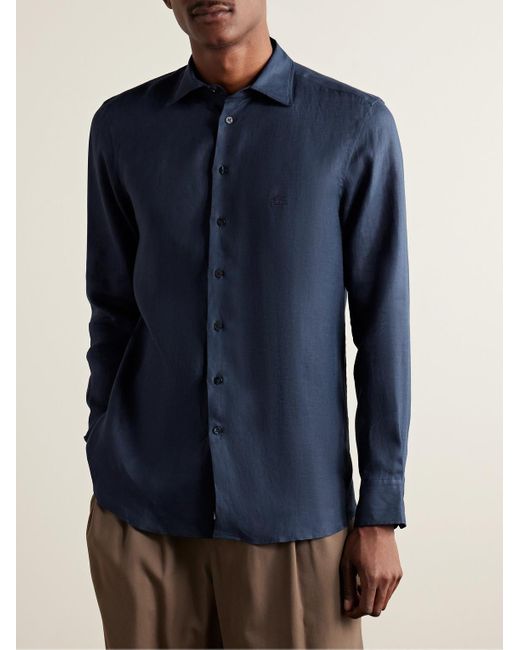 Etro Blue Slim-fit Logo-embroidered Linen Shirt for men