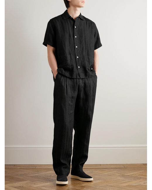 Oliver Spencer Black Camp-collar Embroidered Linen Shirt for men