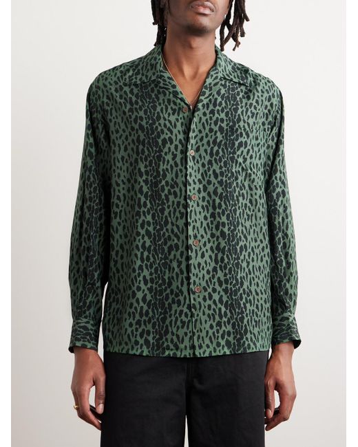 Wacko Maria Green Tim Lehi Convertible-collar Leopard-print Woven Shirt for men
