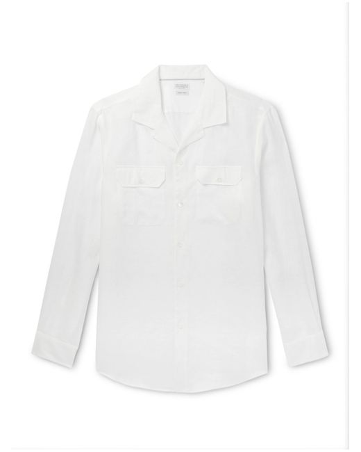 Brunello Cucinelli White Camp-collar Linen Shirt for men