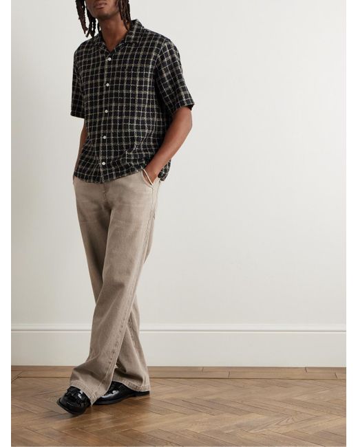 Corridor NYC Black Camp-Collar Checked Cotton And Linen-Blend Gauze Shirt for men