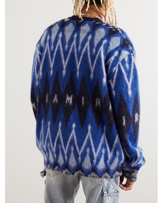 Amiri Blue Argyle Brushed Jacquard-Knit Cardigan for men