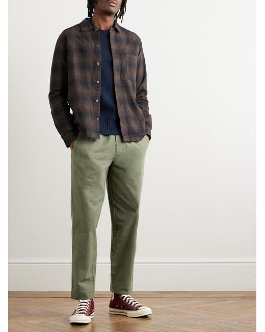 Folk Green Assembly Cropped Tapered Washed Cotton-moleskin Trousers for men