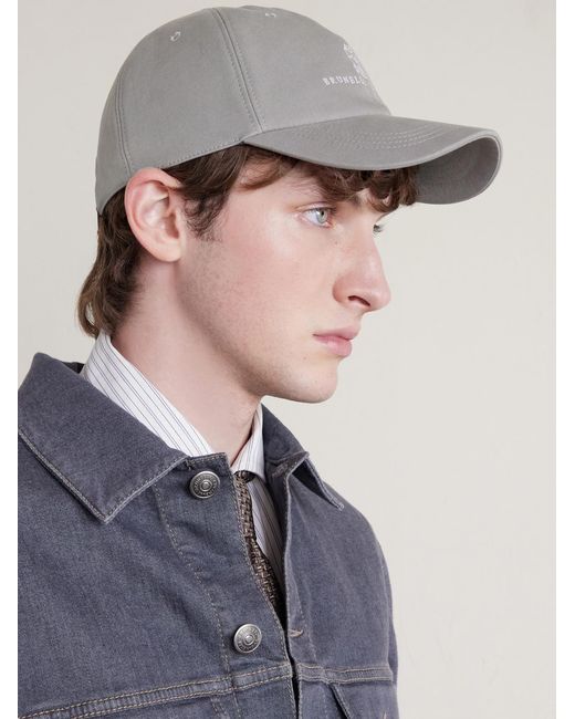 Brunello Cucinelli Gray Logo-embroidered Leather-trimmed Cotton-twill Baseball Cap