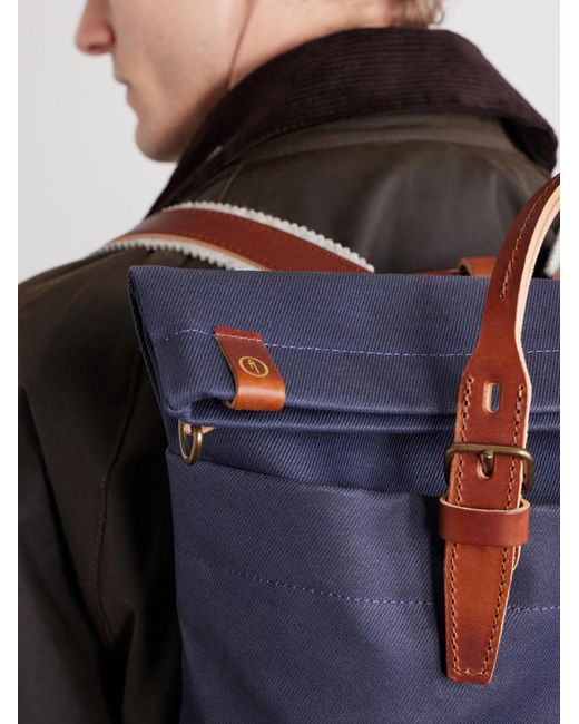Bleu De Chauffe Blue Woody Leather-Trimmed Waxed Cotton-Canvas Backpack for men