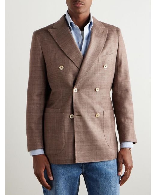 Drake's Brown Double-breasted Silk Blazer for men