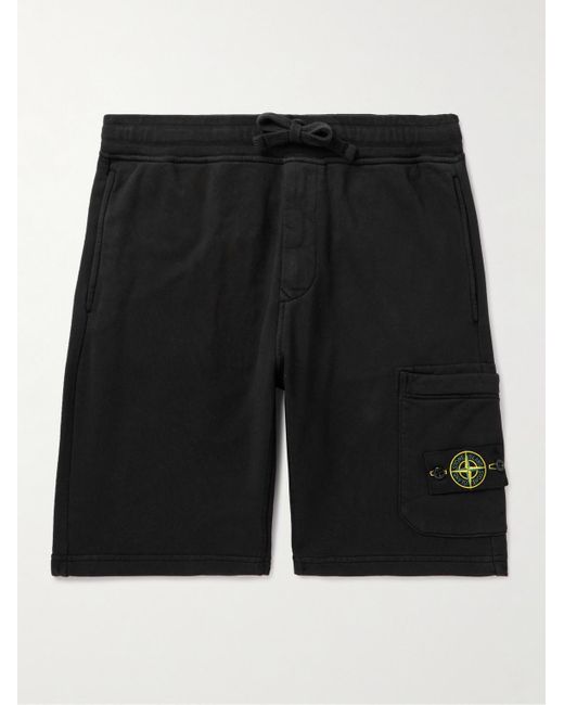 Stone Island Black Straight-leg Logo-appliquéd Garment-dyed Cotton-jersey Drawstring Shorts for men