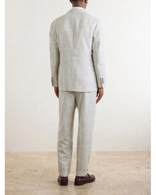 Brunello Cucinelli Gray Double-Breasted Checked Linen-Blend Suit Jacket for men