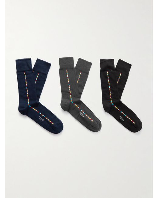 Paul Smith Black Pack Of Three Striped Organic Cotton-blend Socks for men