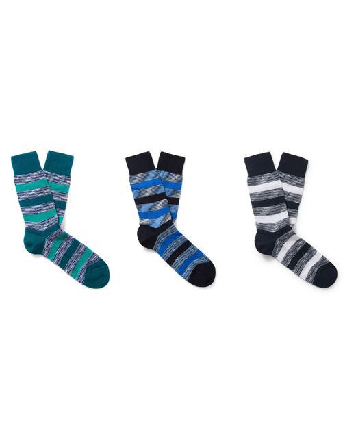Missoni Blue Three-pack Striped Crochet-knit Cotton-blend Socks for men