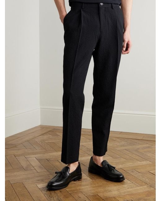 Mr P. Black Daniel Tapered Pleated Wool-Blend Seersucker Suit Trousers for men