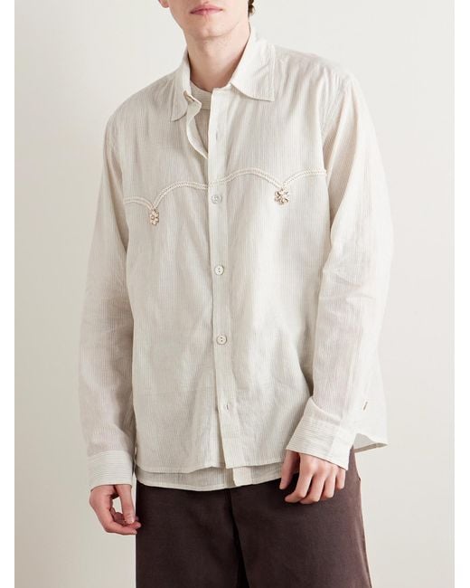 Kartik Research White Embellished Striped Cotton-Voile Shirt for men